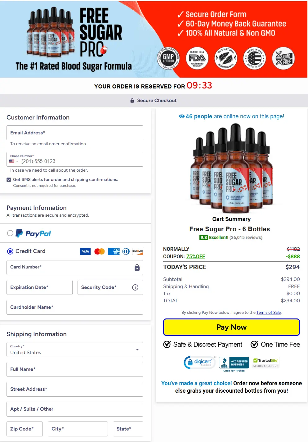 free sugar pro secure checkout page for ordering blood sugar support supplement